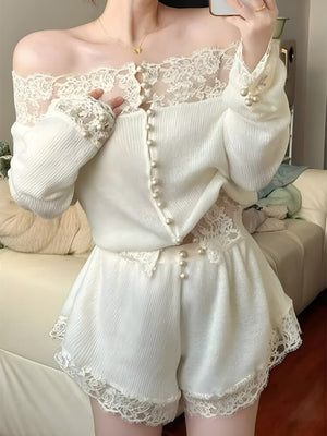 Coquette Pearl Button Lace Two Piece Set