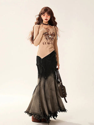 Grunge Tasseled Patch Maxi Skirt