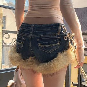 2000s Fur Trim Denim Shorts