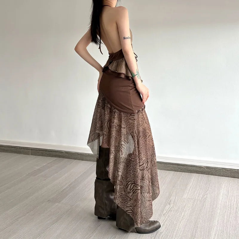 Boho Asymmetric Top & Leopard Midi Skirt Two Piece Set
