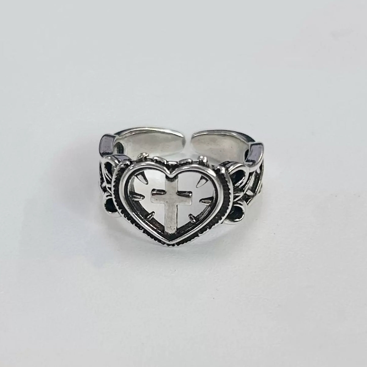 Goth Spiked Heart Cross Ring