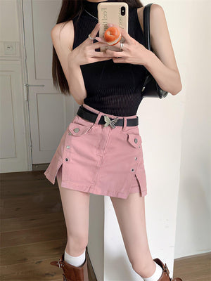 Pink Side Slit Denim Mini Skort