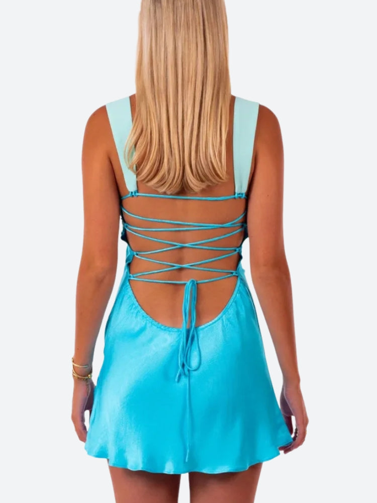 Satin Lace Up Backless Mini Dress