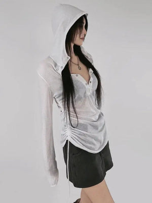 Sheer Ruched Hoodie Top
