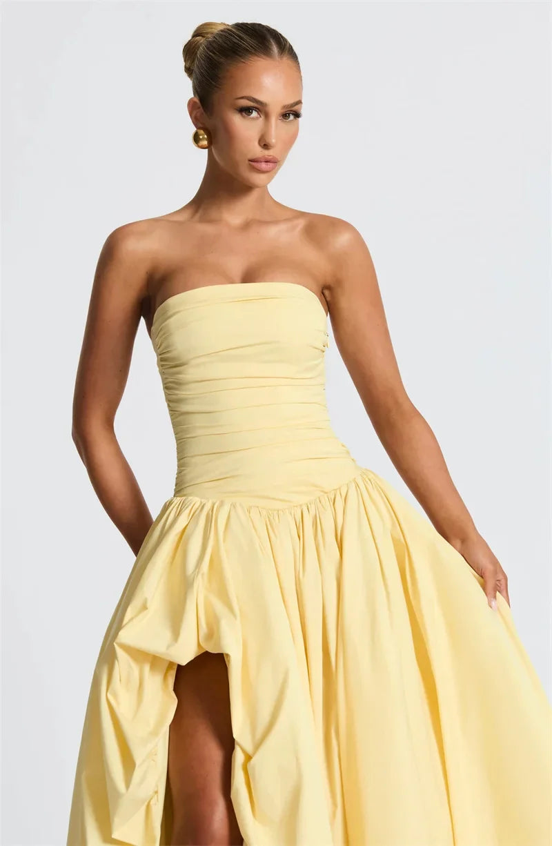 Strapless High Split Lace-Up Back Maxi Dress
