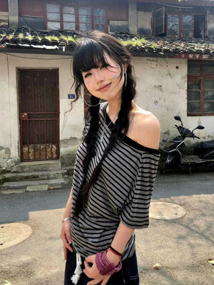 Striped One Shoulder Tee