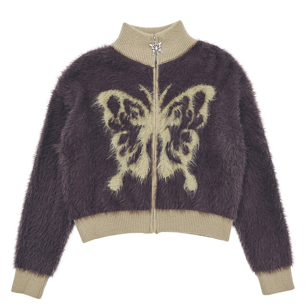 Butterfly Print Fuzzy Bomber
