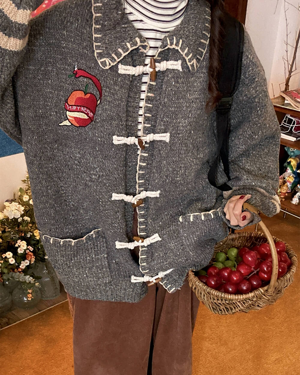 Apple Embroidery Grey Cardigan