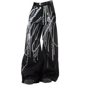 Black Wide-Leg Pants with Pearl Chain Print