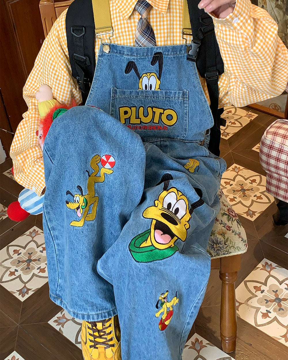 Cartoon Embroidery Denim Overalls