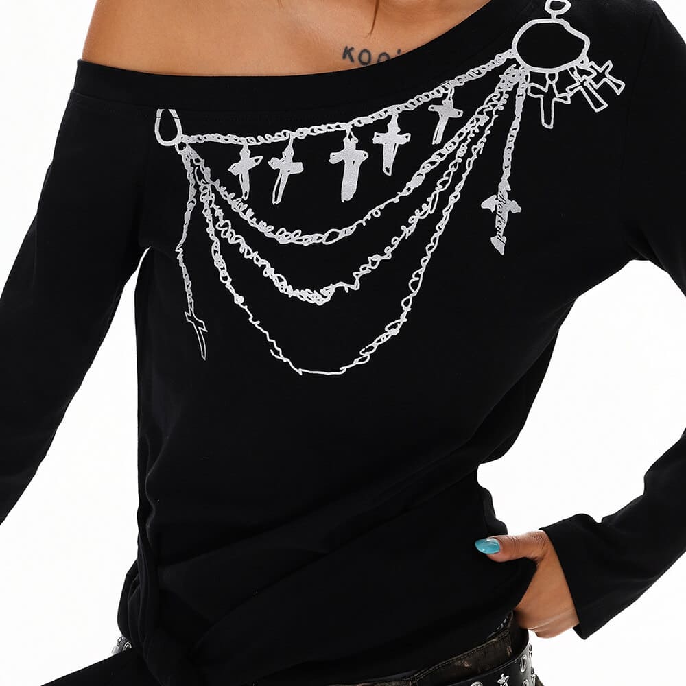 Cross Chain Print One-Shoulder Top