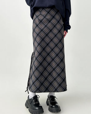 Dark Academia Plaid Side-Slit Skirt
