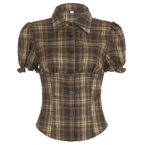 Dark Academia Puff Sleeve Plaid Shirt