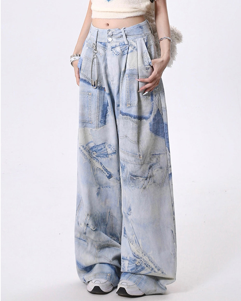 Denim Effect Print Trousers