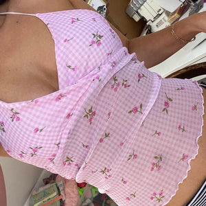 Floral Gingham Y2K Halter Top