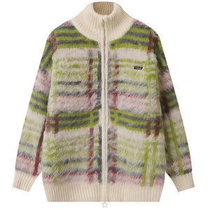 Indie Kid Fuzzy Plaid Zip Up Sweater