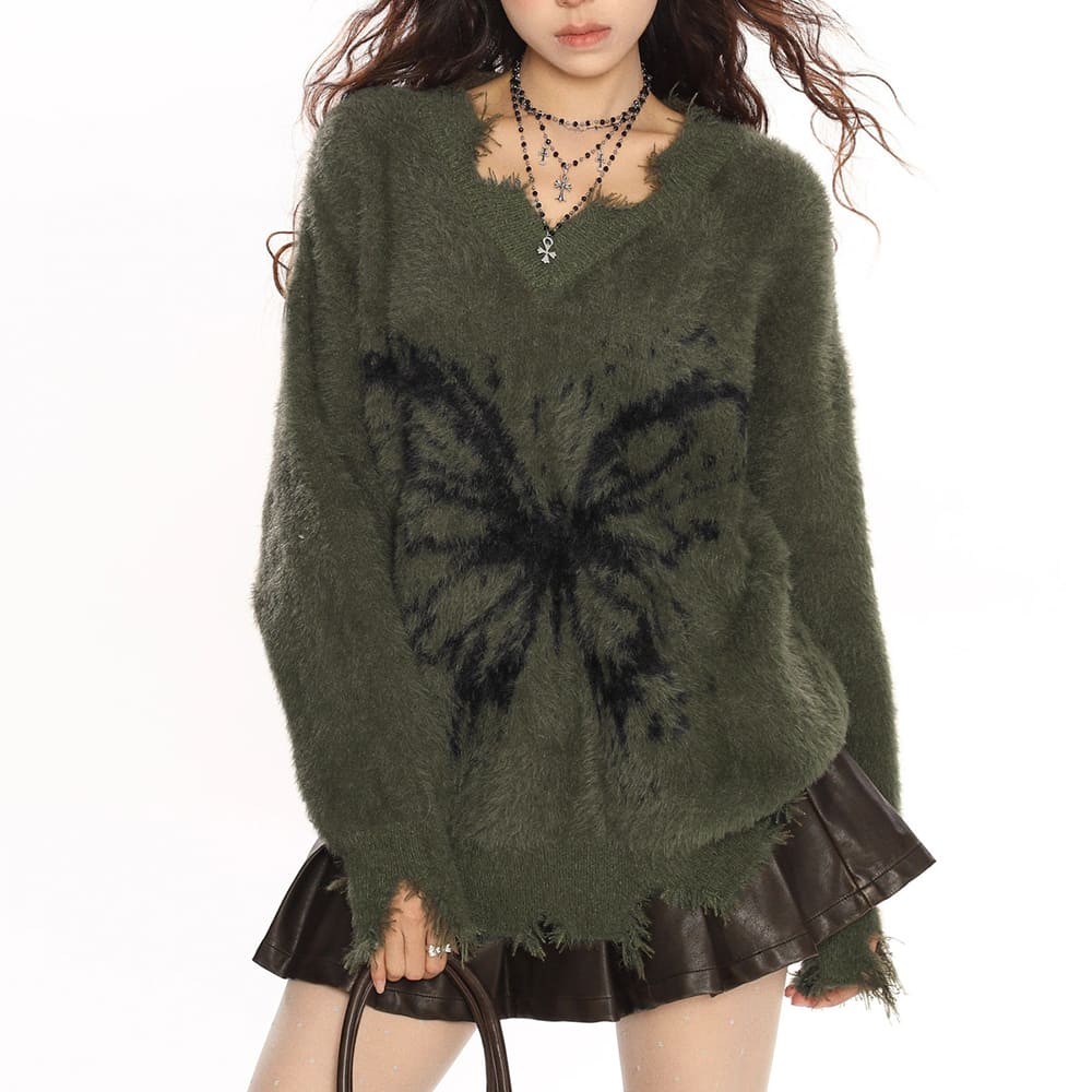 Grunge Butterfly Fuzzy Knit Sweater