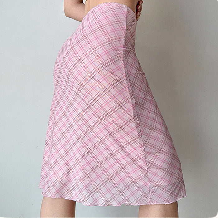 Soft Girl Plaid Mesh Midi Skirt