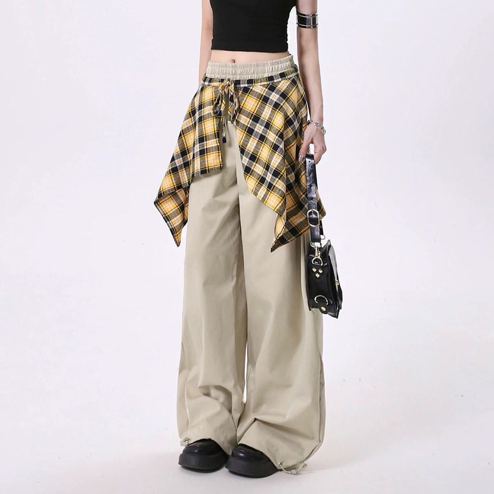 Plaid Shirt-Tied Baggy Trousers