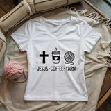 Jesus, Coffee and Yarn Lady V-neck