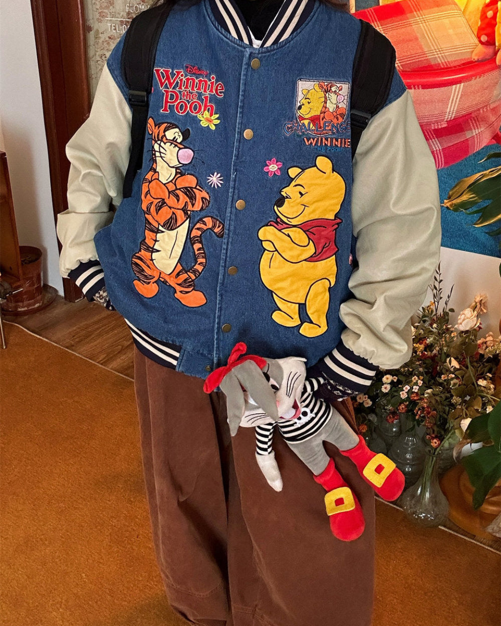 Cartoon Embroidery Denim Bomber Jacket
