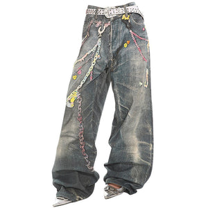 Y2K Printed Chain & Charm Baggy Jeans